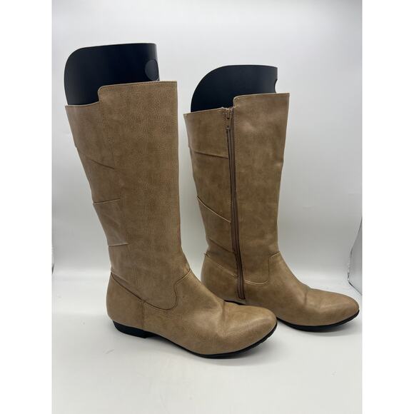 Y2K Lower East Side Brown Low Heel Boots Side Zip Knee High Size 7.5 M Boho - Picture 1 of 9